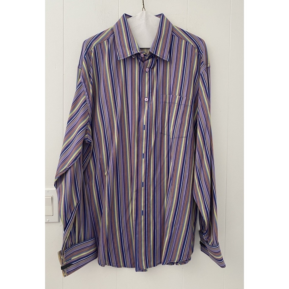 Bugatchi Uomo Shirt Mens Large Purple Blue Striped Classic Fit Dress Button Up